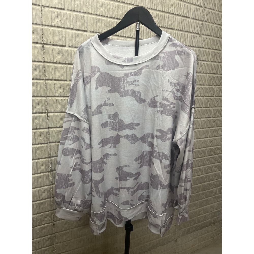Womens Grey Lavender Camo Pullover Top Oversized Long Sleeve Crew Neck XL